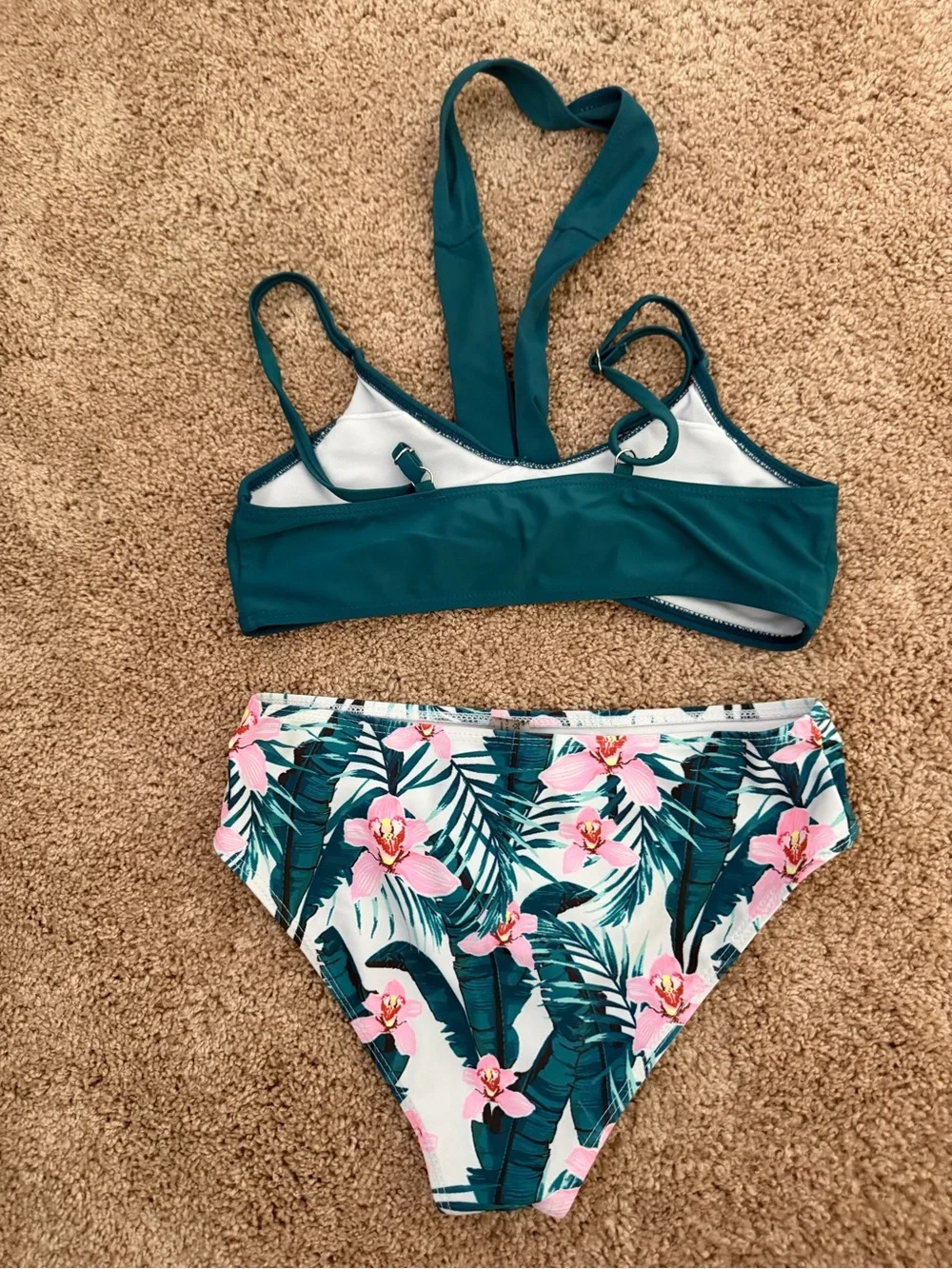 Girls Bikini Swimsuit Set Size 12 Teal Floral High Waisted 2 Piece Swimwear 160